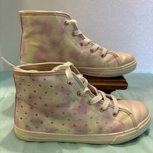 The Childrens Place Girls High Top Bling Sneakers Pink White Tie Dye Lace Up 6